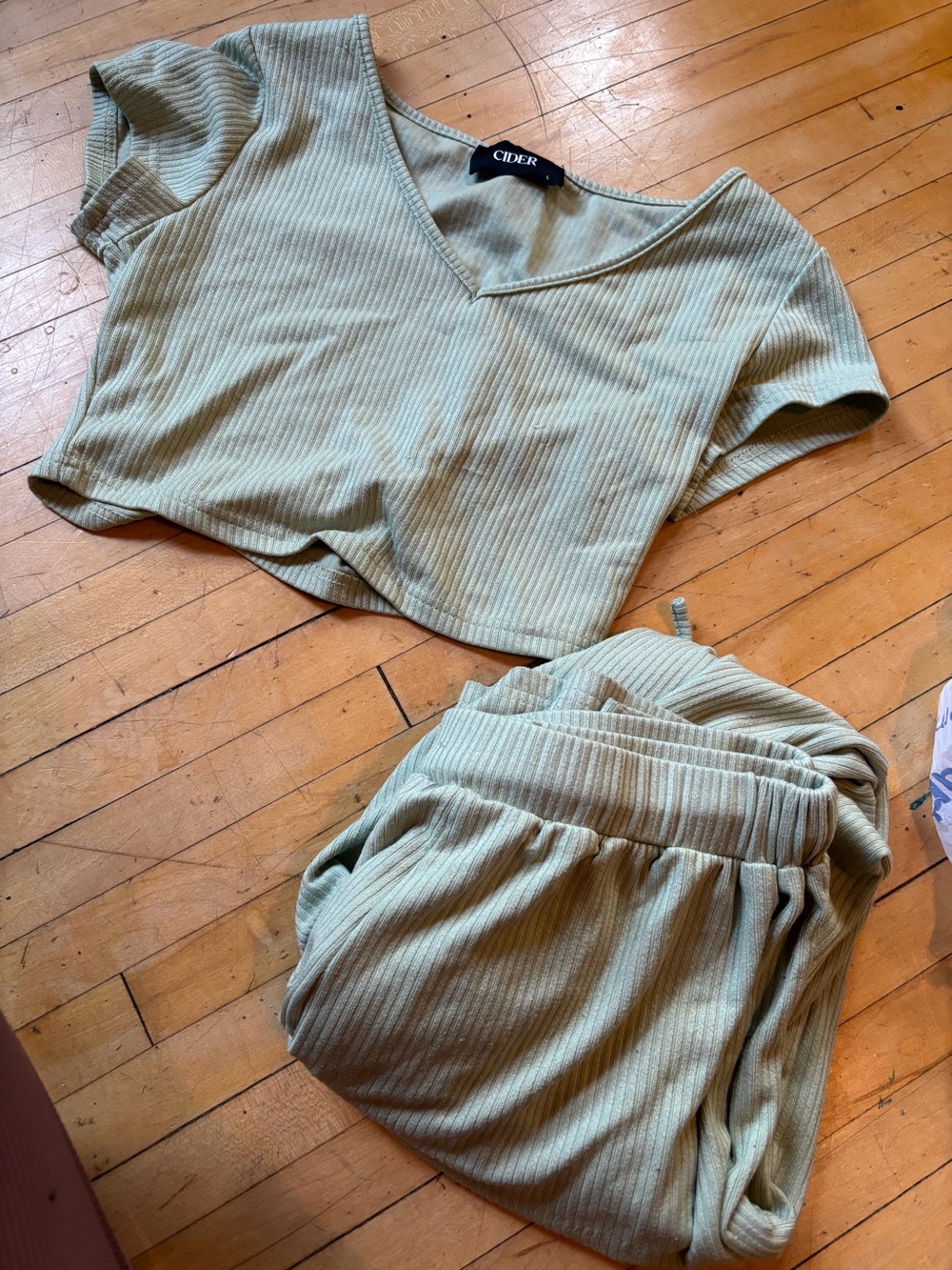 Cider Sage Green Ribbed Crop Top & Jogger Set
